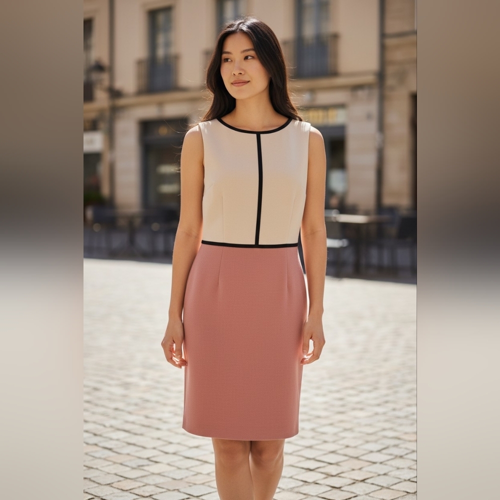 LOFT Two Tone Pencil Dress Mod 60s Colorblock Sleeveless Office Ponte Knit